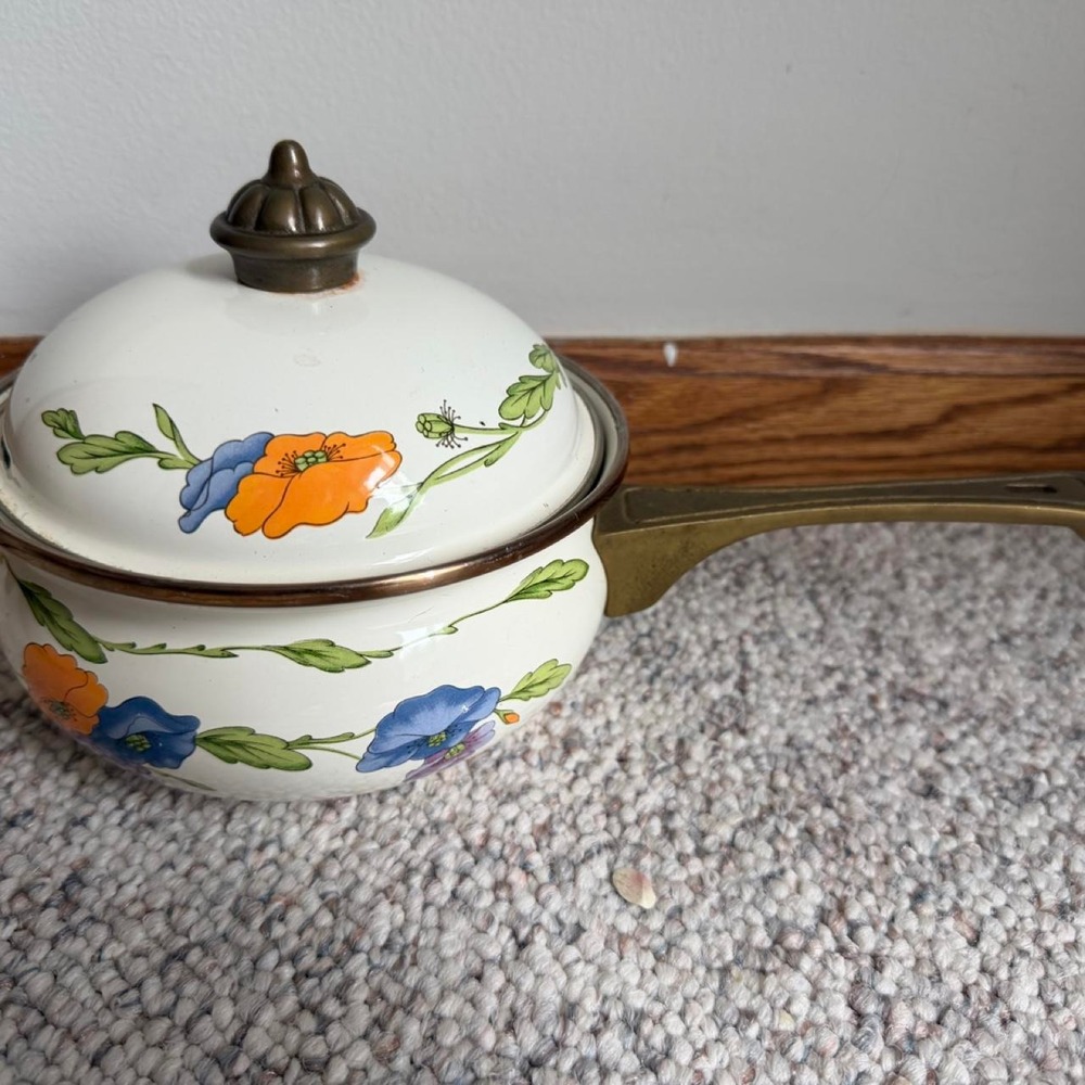 Vintage Enamel Floral Saucepan 2 qt w/ Lid Long Handle White Orange Blue Flower